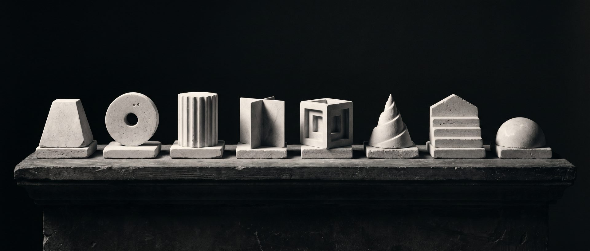 A horizontal line of eight distinct geometric stone models arranged on a dark rustic shelf.