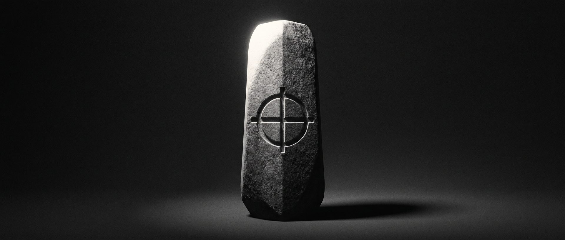 A single monolithic stone slab centred against darkness, marked with a carved circular-cross motif under harsh directional light.