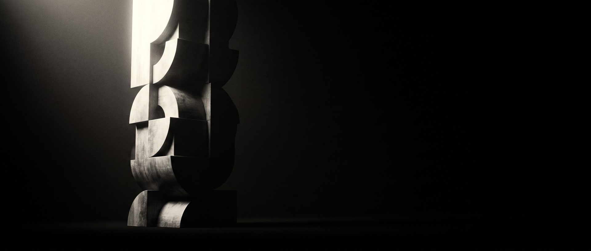 A tall monolithic stone form, lit from one side against deep charcoal, casting a sharp diagonal shadow.