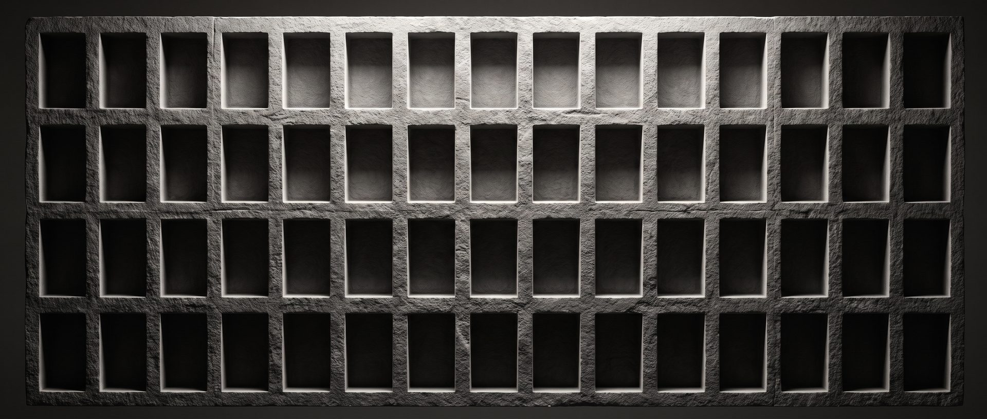 A heavy stone wall carved with a deep grid of empty rectangular recessed niches, lit from above.